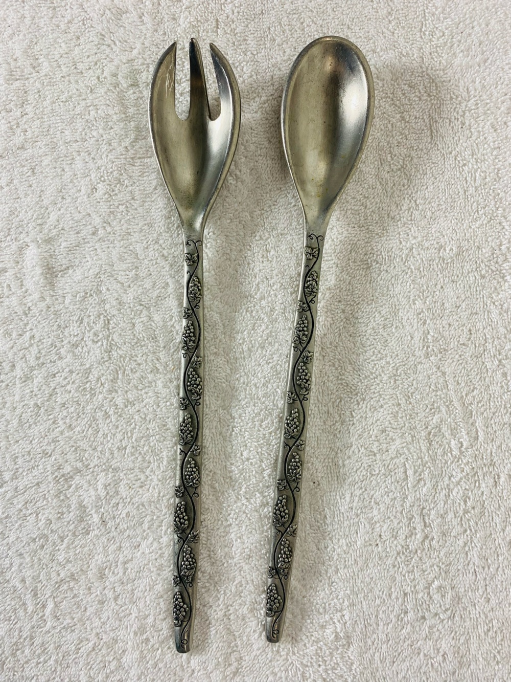 Vintage Salad Servers Large Metal Fork Spoon Set Relief Grape Harvest Handles